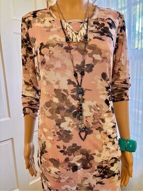 Calvin Klein Midi Dress in Blush Floral Pattern Lined with Sheer Long Sleeves